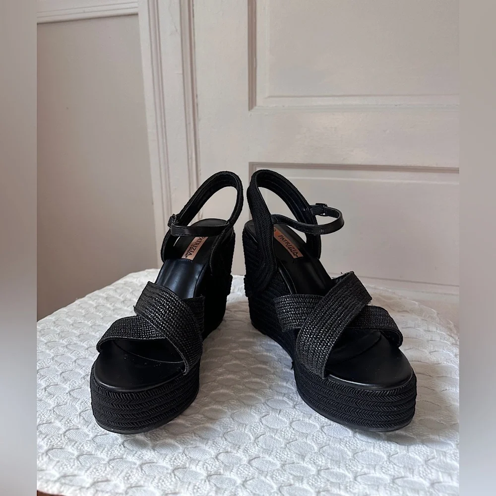 Woven Platform Wedge Sandals - Black